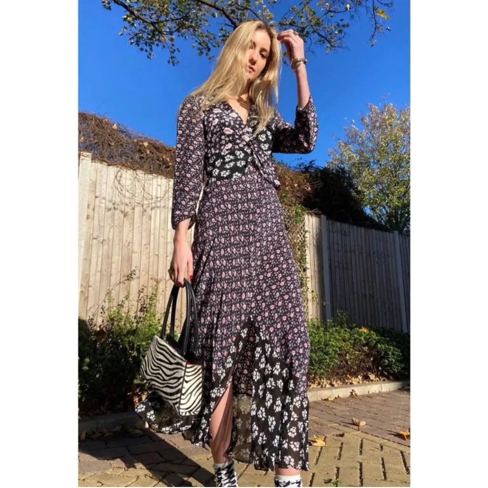 Rixo London Chelsea 1930s Micro Floral Mock-Wrap Maxi Dress Black Size XS